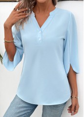 Light Blue Button 3/4 Sleeve Split Neck Blouse