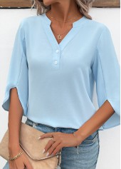 Light Blue Button 3/4 Sleeve Split Neck Blouse | thumb picture 