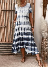 Dusty Blue Pocket Tie Dye Print A Line Dress | thumb picture 