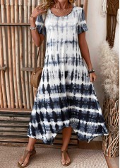 Dusty Blue Pocket Tie Dye Print A Line Dress