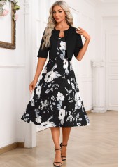 Black Two Piece Floral Print Dress and Cardigan