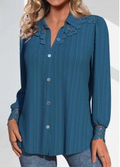 Peacock Blue Patchwork Long Sleeve Shirt Collar Blouse | thumb picture 