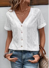 White Button Short Sleeve V Neck Blouse | thumb picture 