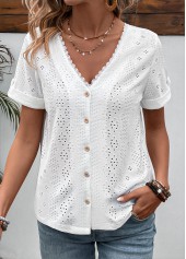 White Button Short Sleeve V Neck Blouse