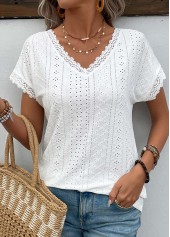 White Patchwork Short Sleeve V Neck T Shirt | thumb picture 