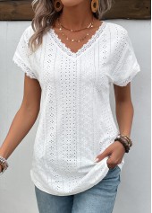 White Patchwork Short Sleeve V Neck T Shirt