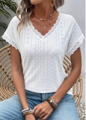 White Patchwork Short Sleeve V Neck T Shirt | thumb picture 