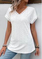 White Patchwork Short Sleeve V Neck T Shirt | thumb picture 
