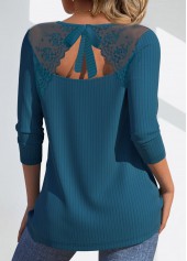 Peacock Blue Lace Long Sleeve V Neck T Shirt