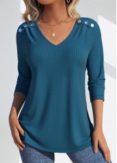 Peacock Blue Lace Long Sleeve V Neck T Shirt | thumb picture 