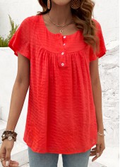 Neon Red Button Short Sleeve Round Neck T Shirt | thumb picture 