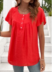Neon Red Button Short Sleeve Round Neck T Shirt | thumb picture 