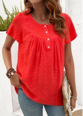 Neon Red Button Short Sleeve Round Neck T Shirt | thumb picture 