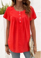Neon Red Button Short Sleeve Round Neck T Shirt | thumb picture 