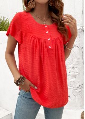 Neon Red Button Short Sleeve Round Neck T Shirt