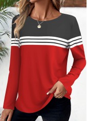 Red Striped Long Sleeve Round Neck T Shirt