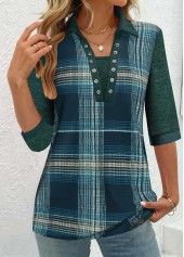 Peacock Blue Patchwork Plaid Half Sleeve Shirt Collar Blouse | thumb picture 