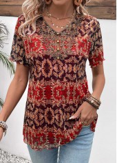 Multi Color Button Tribal Print Short Sleeve Blouse