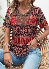 Multi Color Button Tribal Print Short Sleeve Blouse | thumb picture 