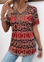 Multi Color Button Tribal Print Short Sleeve Blouse | thumb picture 