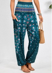 Turquoise Pocket Feathers Print Jogger Elastic Waist Pants