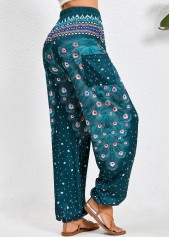Turquoise Pocket Feathers Print Jogger Elastic Waist Pants