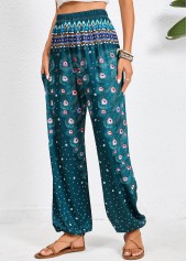 Turquoise Pocket Feathers Print Jogger Elastic Waist Pants