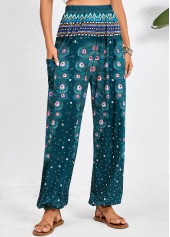 Turquoise Pocket Feathers Print Jogger Elastic Waist Pants