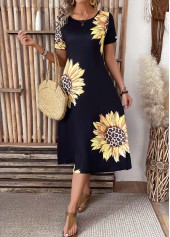 Black Pocket Sunflower Print Short Sleeve Round Neck Dress | thumb picture 