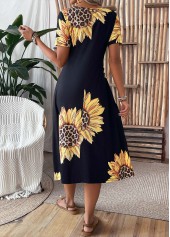 Black Pocket Sunflower Print Short Sleeve Round Neck Dress | thumb picture 