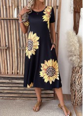 Black Pocket Sunflower Print Short Sleeve Round Neck Dress | thumb picture 
