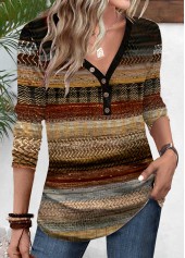 Multi Color Patchwork Long Sleeve V Neck T Shirt