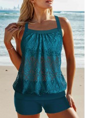 Lace Patchwork Peacock Blue Tankini Set
