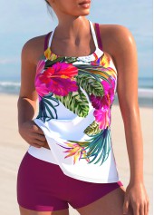 Criss Cross Floral Print Hot Pink Tankini Set