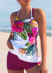Criss Cross Floral Print Hot Pink Tankini Set | thumb picture 
