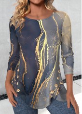 Blue Button Marble Print Long Sleeve T Shirt