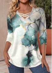 Turquoise Criss Cross Marble Print Long Sleeve T Shirt