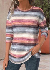 Multi Color Striped Long Sleeve Round Neck T Shirt