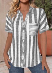Light Grey Marl Pocket Striped Short Sleeve Blouse