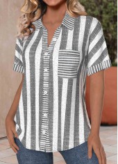 Light Grey Marl Pocket Striped Short Sleeve Blouse | thumb picture 