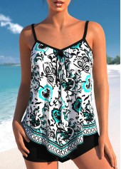 Handkerchief Hem Random Floral Print White Tankini Set