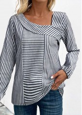 Navy Asymmetry Striped Long Sleeve Asymmetrical Neck Blouse
