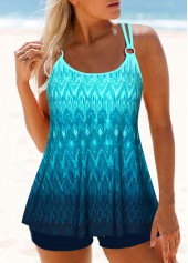 Plus Size Mid Waisted Circular Ring Cyan Tankini Set