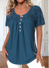 Peacock Blue Patchwork Short Sleeve Round Neck Blouse | thumb picture 
