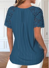 Peacock Blue Patchwork Short Sleeve Round Neck Blouse | thumb picture 