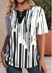 Black Lace Up Geometric Print Short Sleeve T Shirt