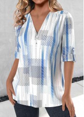 Sky Blue Zipper Striped 3/4 Sleeve V Neck Blouse | thumb picture 