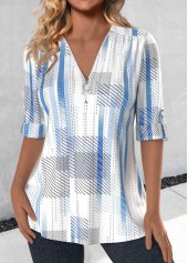 Sky Blue Zipper Striped 3/4 Sleeve V Neck Blouse
