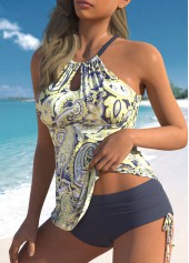 Cut Out Paisley Print Light Yellow Tankini Set