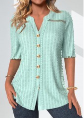 Mint Green Patchwork Half Sleeve Split Neck Blouse